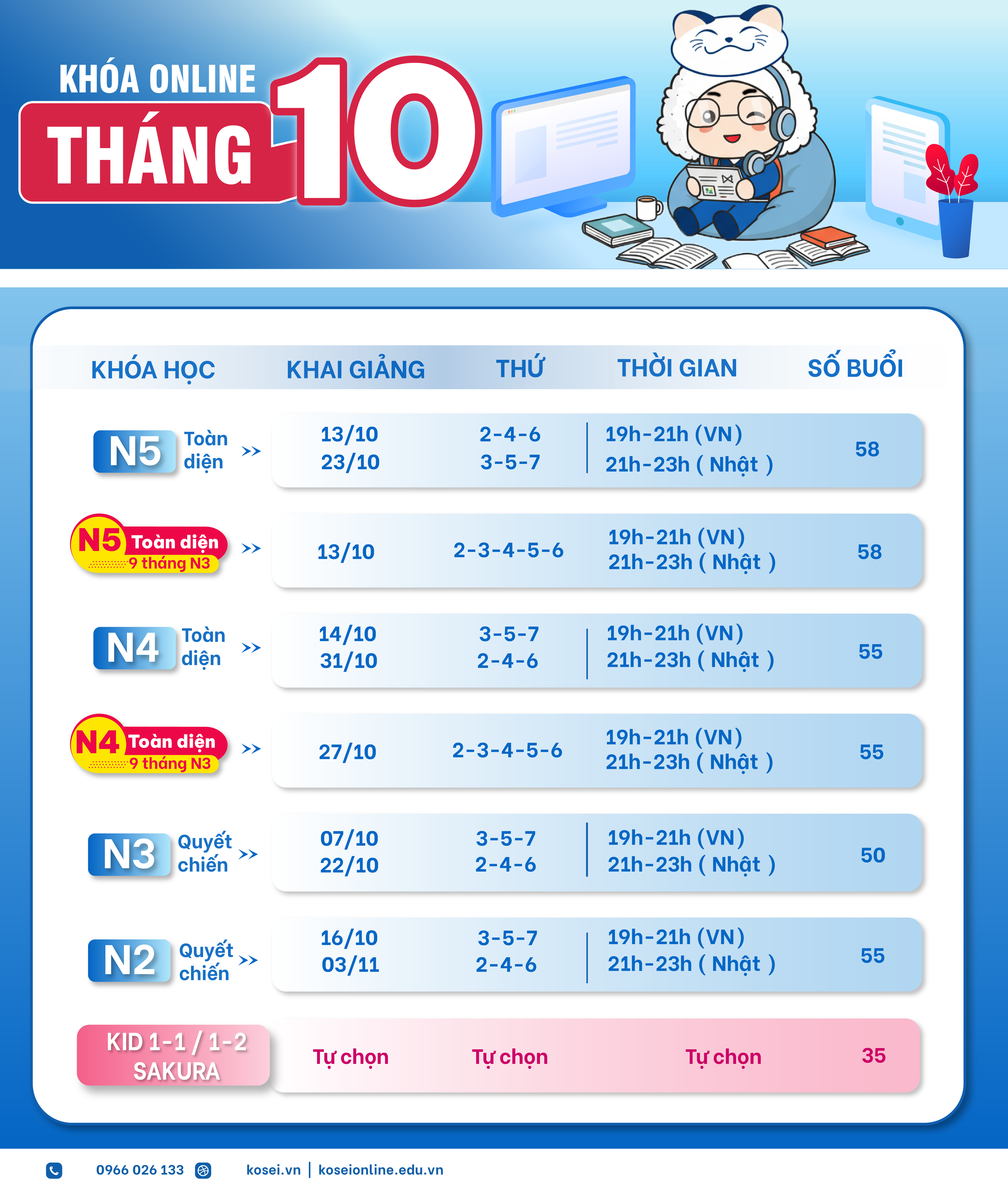 Lịch khai giảng tháng 10 Kosei